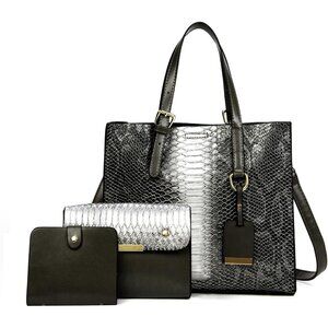Women’s Gray 3 Pcs Crocodile Pattern Satchel Set | Stylish Tote & Purse Bags